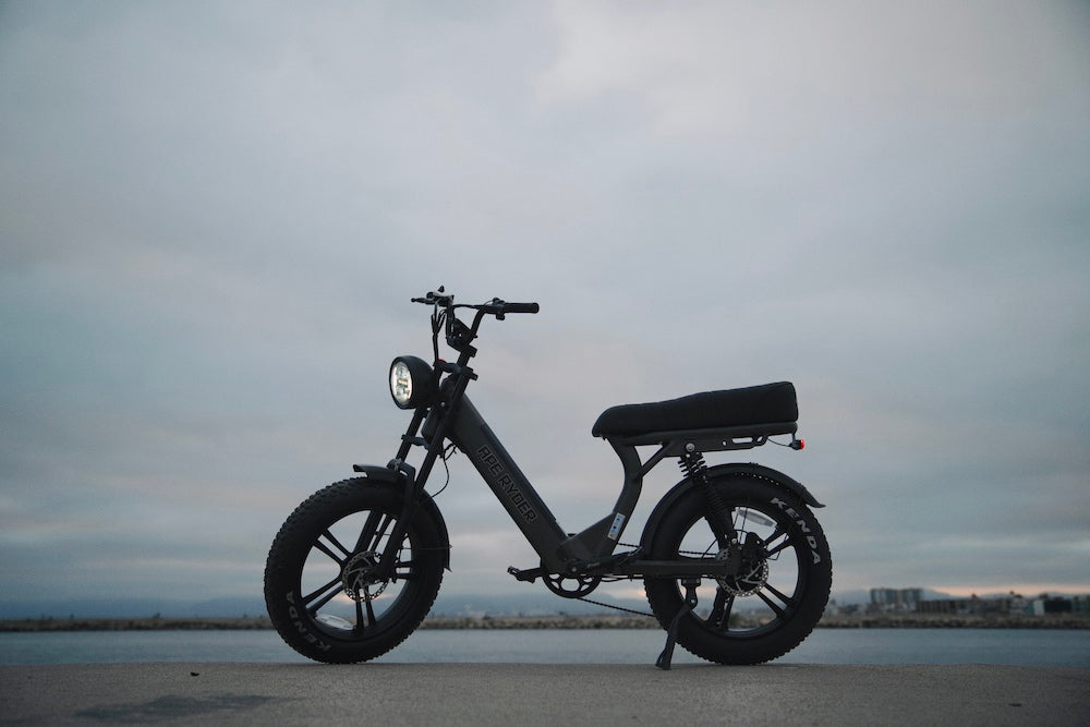  A black e-bike stands in front of ocean