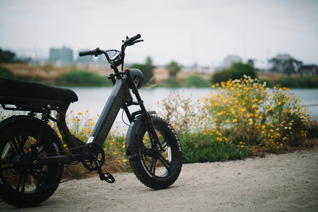 A black electric bike stands by a river